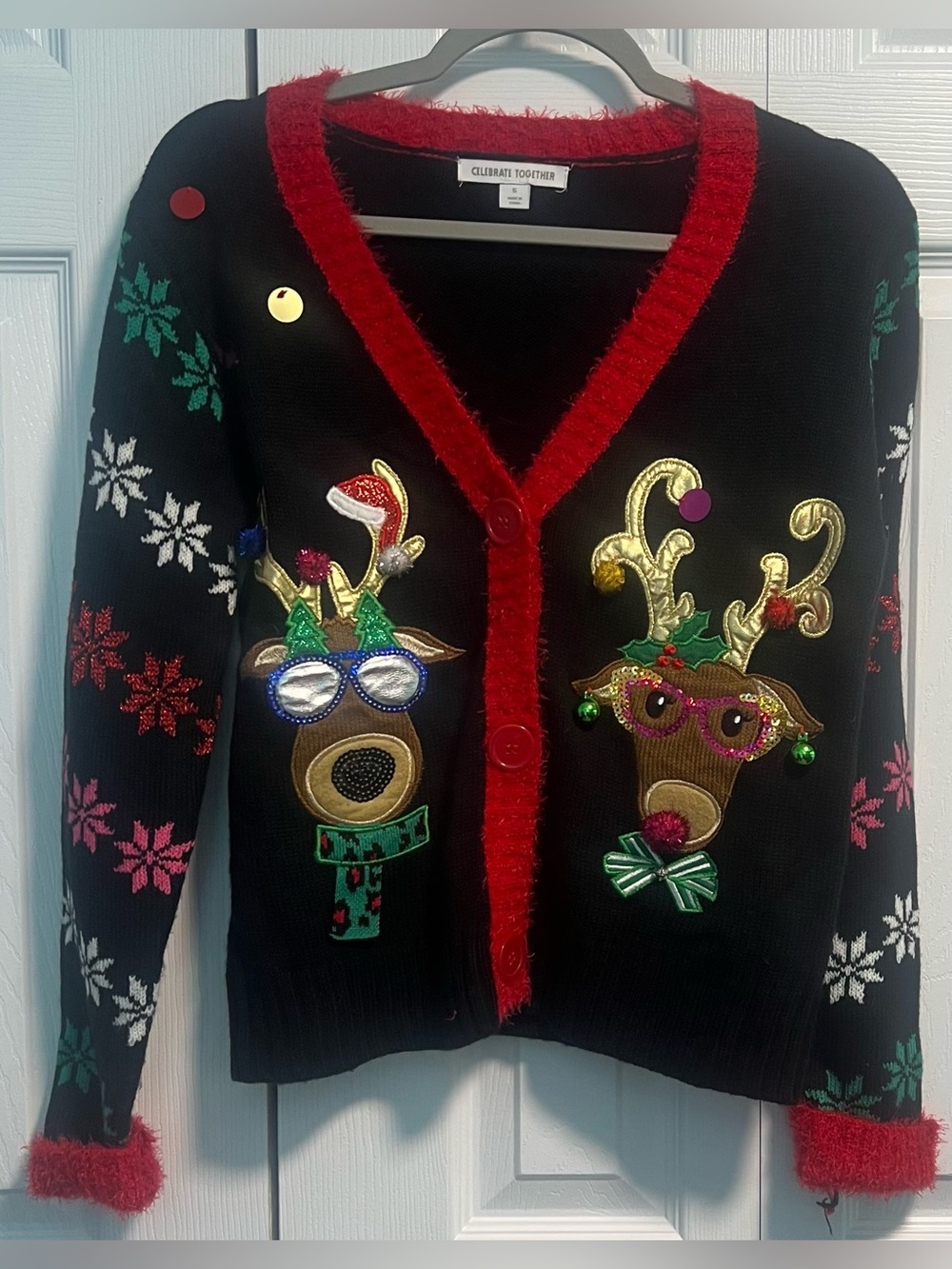 Celebrate Together Black Holiday Reindeer Cardigan with Red Trim